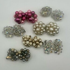 Vtg Beaded Cluster Clip Earrings Lot Japan Laguna Pink White Gold AB Crystal